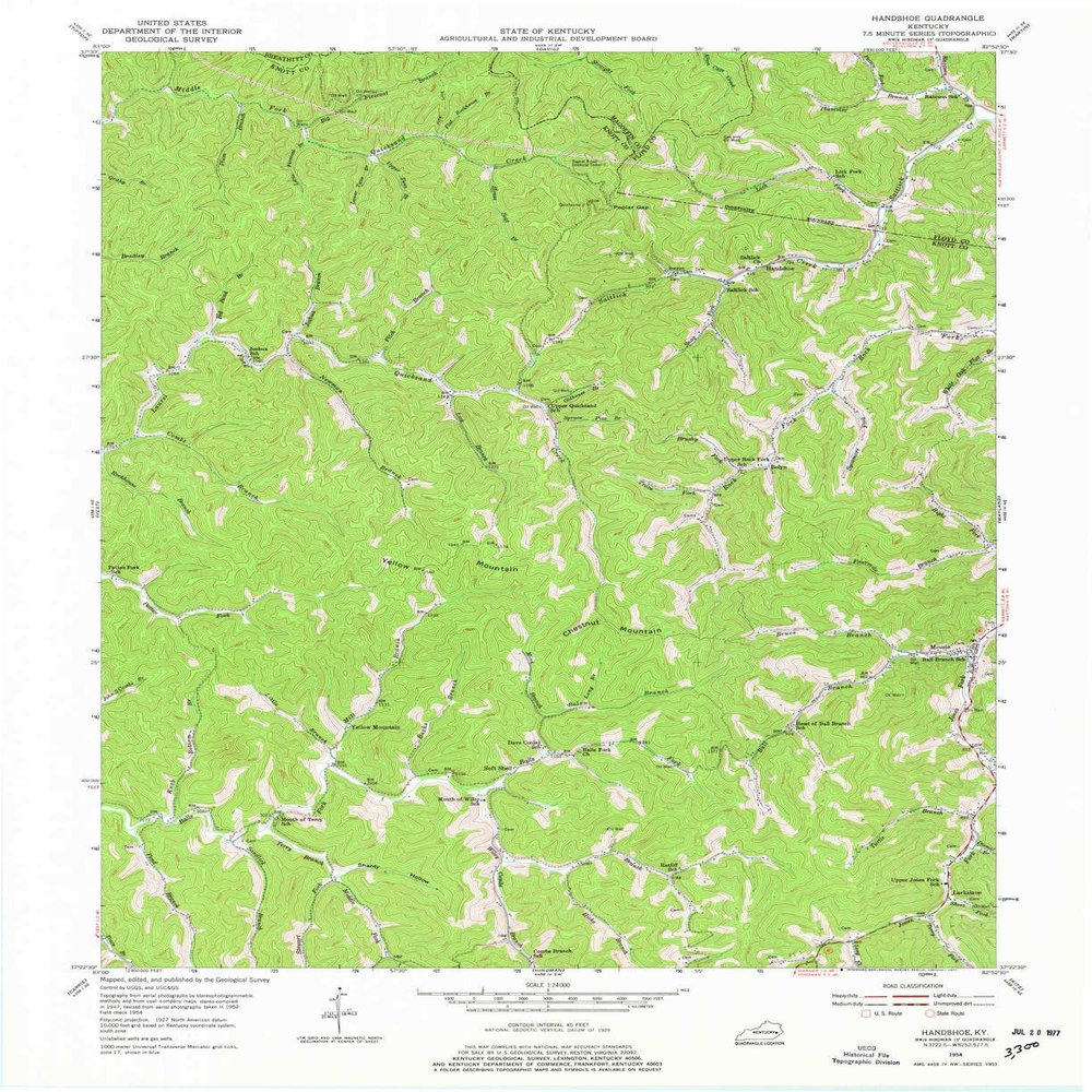YellowMaps Handshoe KY topo map, 1:24000 Scale, 7.5 X 7.5 Minute, Historical, 1954, Updated 1977, 27 x 22 in - Tyvek