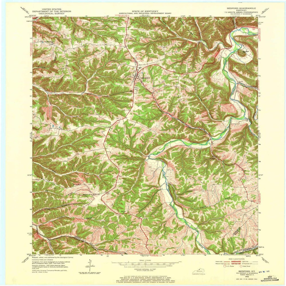 YellowMaps Bedford KY topo map, 1:24000 Scale, 7.5 X 7.5 Minute, Historical, 1953, Updated 1972, 27.3 x 22.5 in - Tyvek