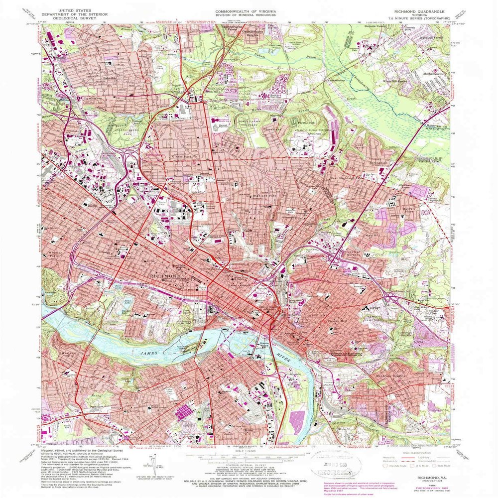 YellowMaps Richmond VA topo map, 1:24000 Scale, 7.5 X 7.5 Minute, Historical, 1964, Updated 1987, 26.9 x 22 in - Polypropylene