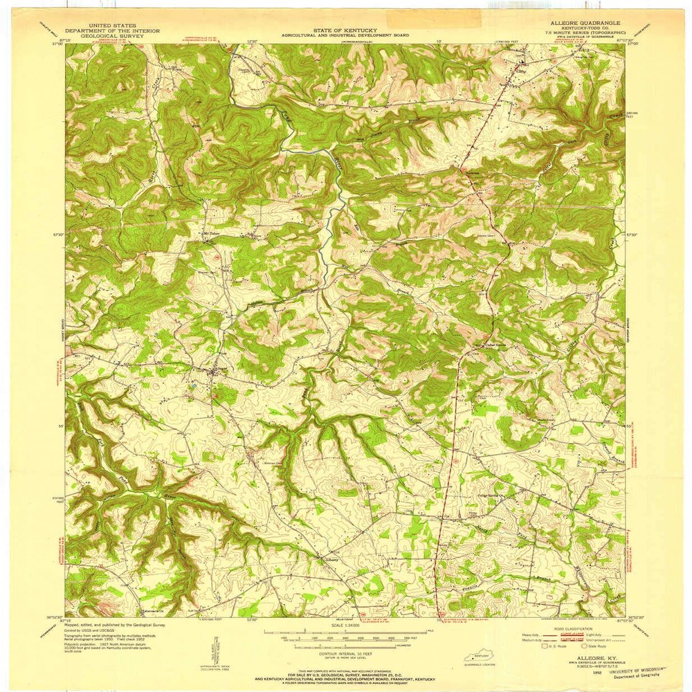 YellowMaps Allegre KY topo map, 1:24000 Scale, 7.5 X 7.5 Minute, Historical, 1952, Updated 1953, 27.4 x 22.5 in - Polypropylene