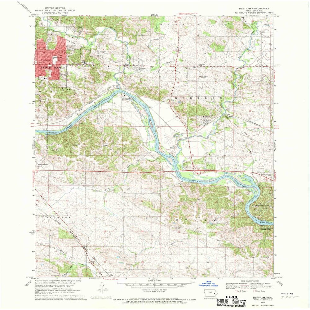 YellowMaps Bertram IA topo map, 1:24000 Scale, 7.5 X 7.5 Minute, Historical, 1968, Updated 1970, 27 x 22.1 in - Polypropylene