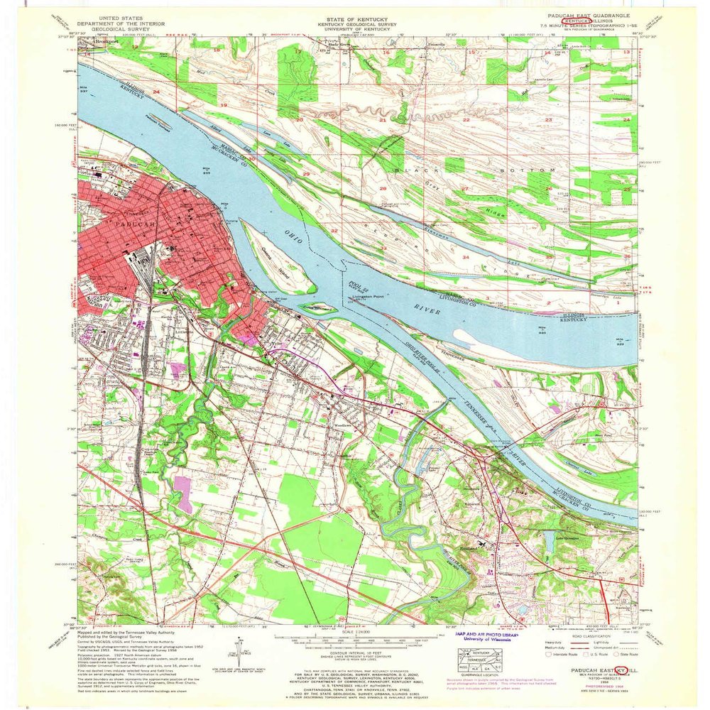 YellowMaps Paducah East KY topo map, 1:24000 Scale, 7.5 X 7.5 Minute, Historical, 1958, Updated 1968, 27.4 x 23 in - Tyvek