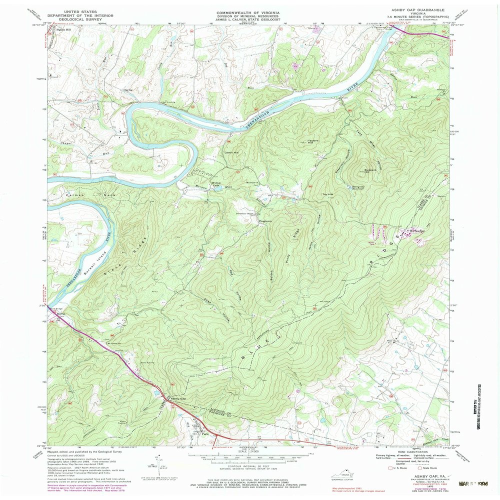 YellowMaps Ashby Gap VA topo map, 1:24000 Scale, 7.5 X 7.5 Minute, Historical, 1970, Updated 1983, 27 x 22 in - Polypropylene