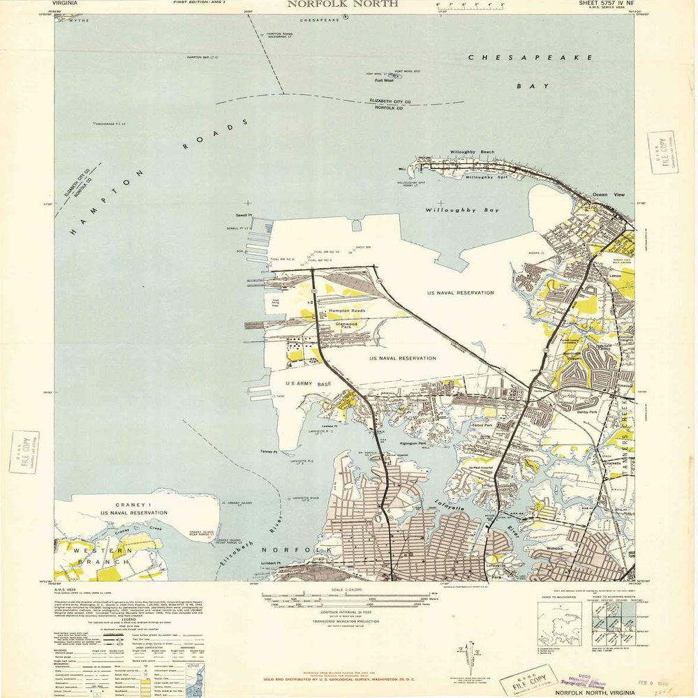 YellowMaps Norfolk North VA topo map, 1:24000 Scale, 7.5 X 7.5 Minute, Historical, 1948, Updated 1948, 28 x 21.9 in - Polypropylene
