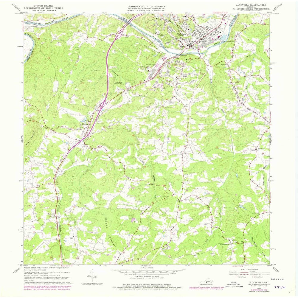 YellowMaps Altavista VA topo map, 1:24000 Scale, 7.5 X 7.5 Minute, Historical, 1966, Updated 1978, 27 x 22.1 in - Tyvek