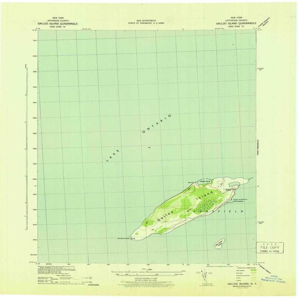 Galloo Island NY topo map, 1:31680 Scale, 7.5 X 7.5 Minute, Historical, 1942, 21.9 x 17 in - Polypropylene