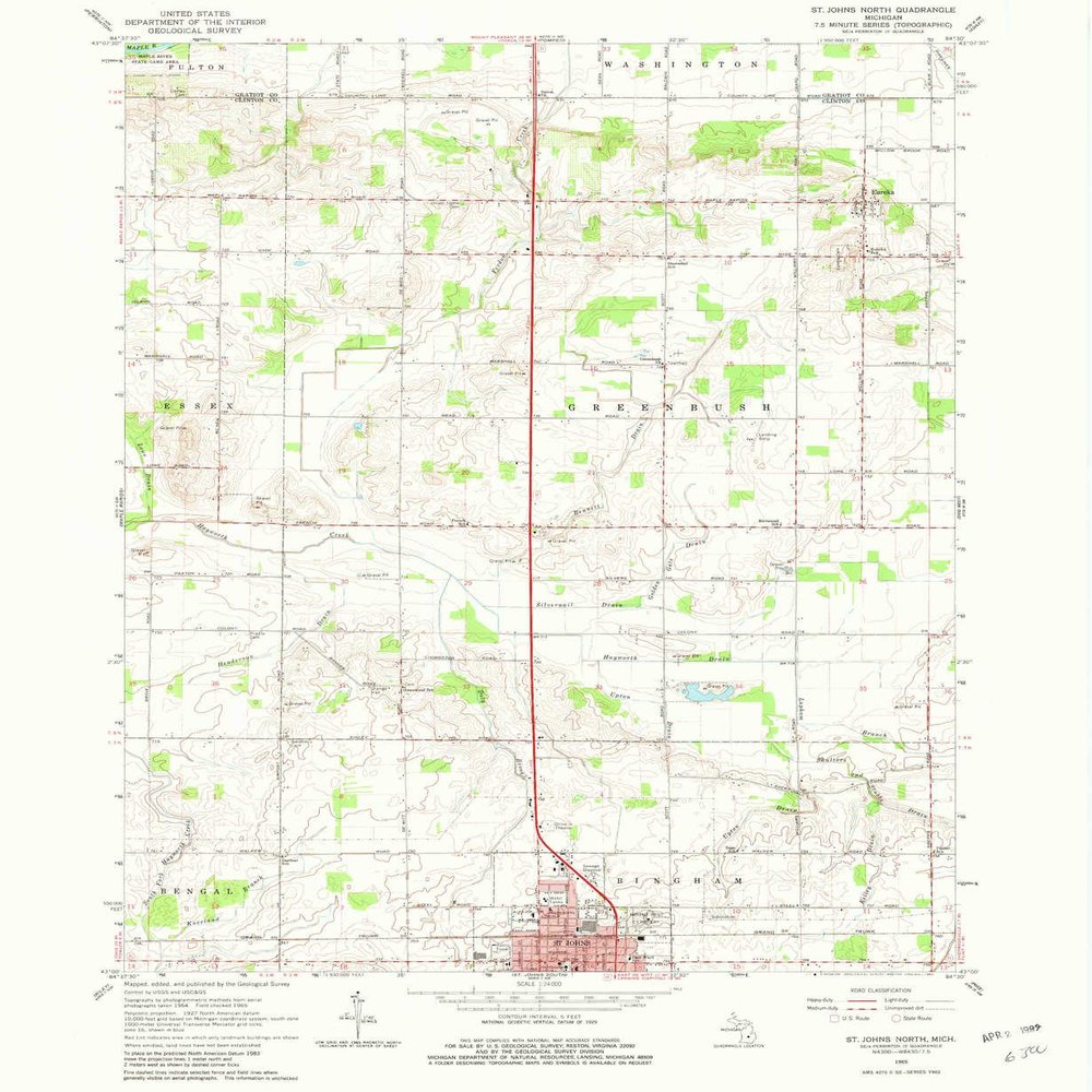 YellowMaps St Johns North MI topo map, 1:24000 Scale, 7.5 X 7.5 Minute, Historical, 1965, Updated 1982, 26.8 x 22 in - Polypropylene
