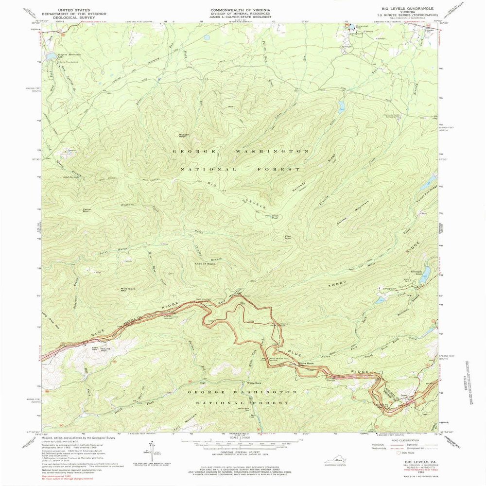 YellowMaps Big Levels VA topo map, 1:24000 Scale, 7.5 X 7.5 Minute, Historical, 1965, Updated 1984, 27 x 22 in - Polypropylene