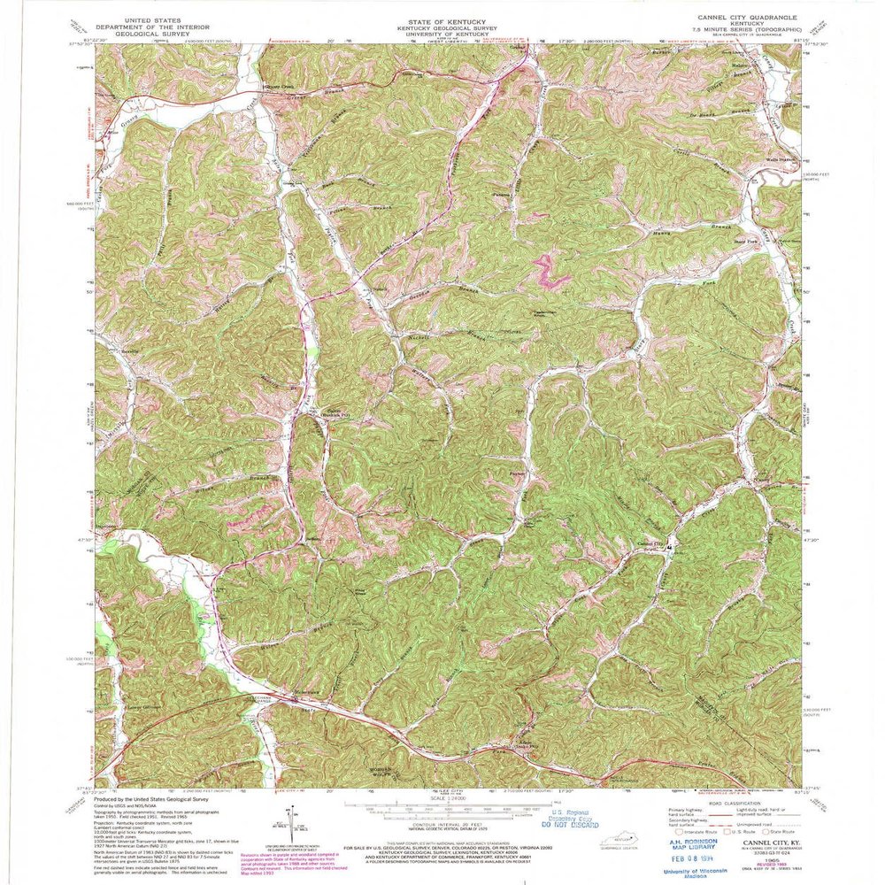 YellowMaps Cannel City KY topo map, 1:24000 Scale, 7.5 X 7.5 Minute, Historical, 1965, Updated 1993, 27.2 x 22.9 in - Polypropylene