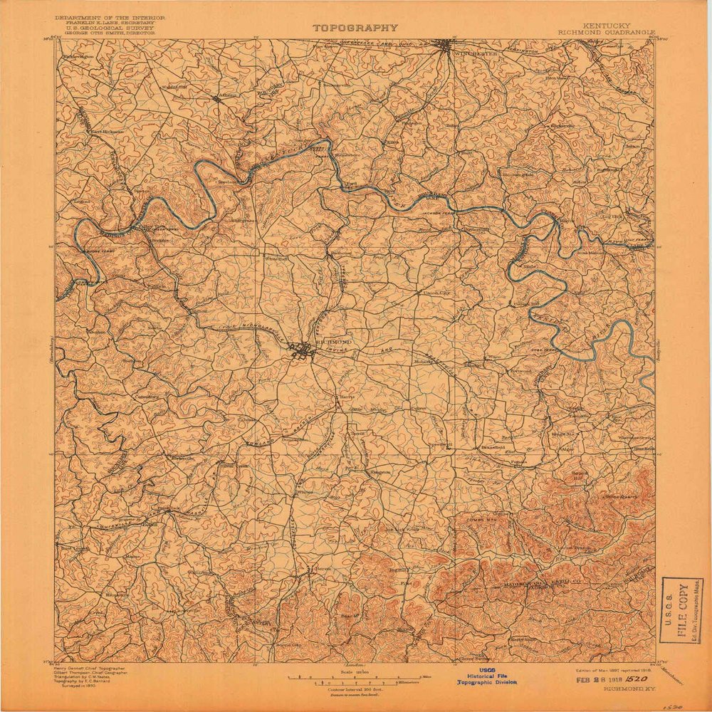 YellowMaps Richmond KY topo map, 1:125000 Scale, 30 X 30 Minute, Historical, 1897, Updated 1918, 19.9 x 16.5 in - Polypropylene