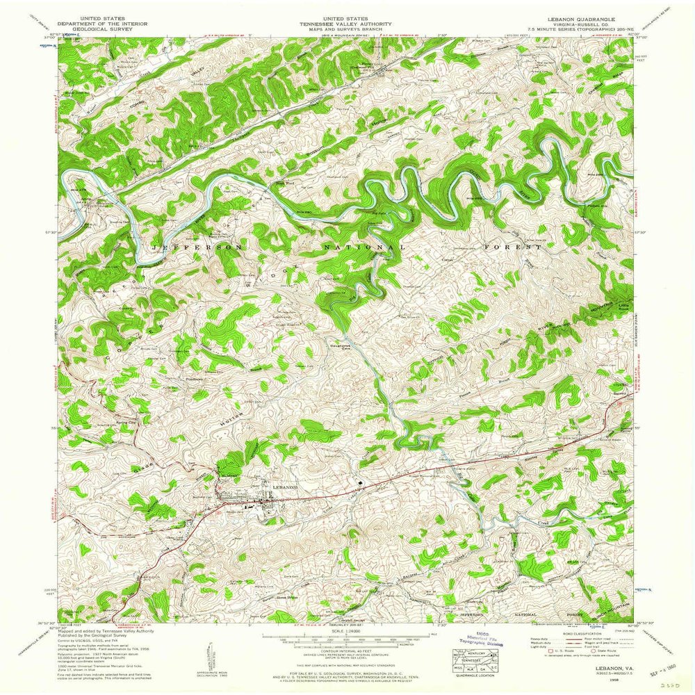 YellowMaps Lebanon VA topo map, 1:24000 Scale, 7.5 X 7.5 Minute, Historical, 1958, Updated 1960, 27 x 22 in - Polypropylene
