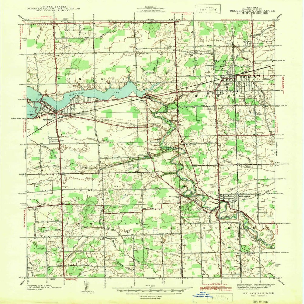 Belleville MI topo map, 1:24000 Scale, 7.5 X 7.5 Minute, Historical, 1942, Updated 1942, 27 x 20.8 in - Polypropylene