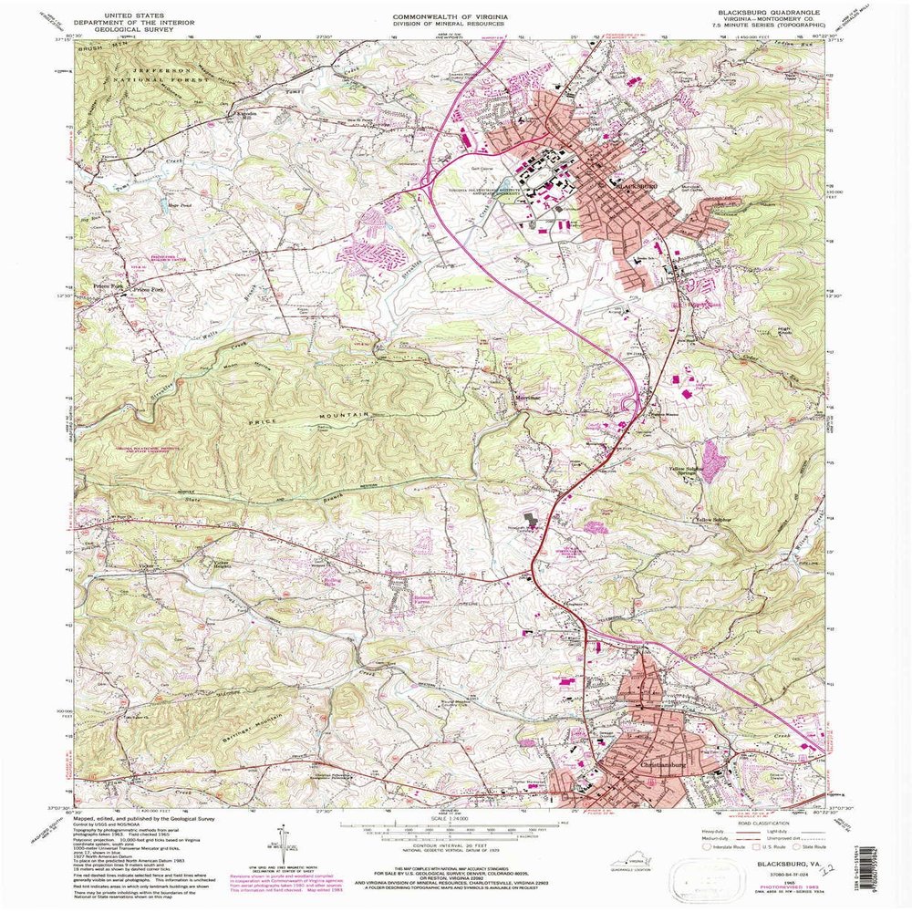 YellowMaps Blacksburg VA topo map, 1:24000 Scale, 7.5 X 7.5 Minute, Historical, 1965, Updated 1984, 27 x 22.1 in - Tyvek
