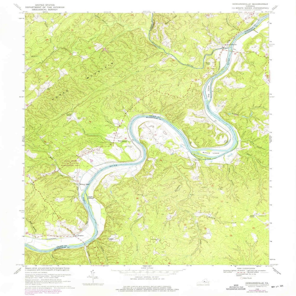 YellowMaps Howardsville VA topo map, 1:24000 Scale, 7.5 X 7.5 Minute, Historical, 1968, Updated 1975, 26.9 x 22.1 in - Polypropylene