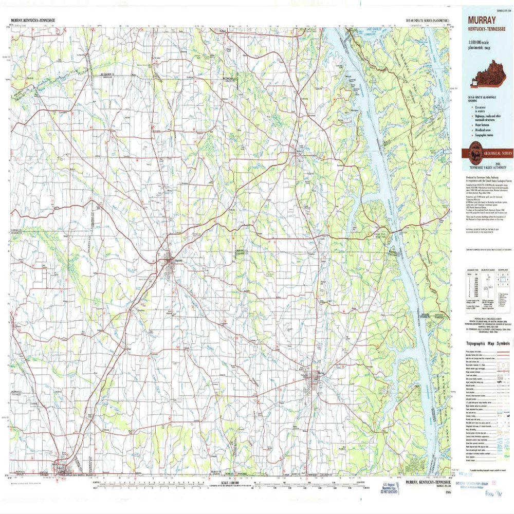 YellowMaps Murray KY topo map, 1:100000 Scale, 30 X 60 Minute, Historical, 1986, Updated 1986, 25 x 41.2 in - Tyvek