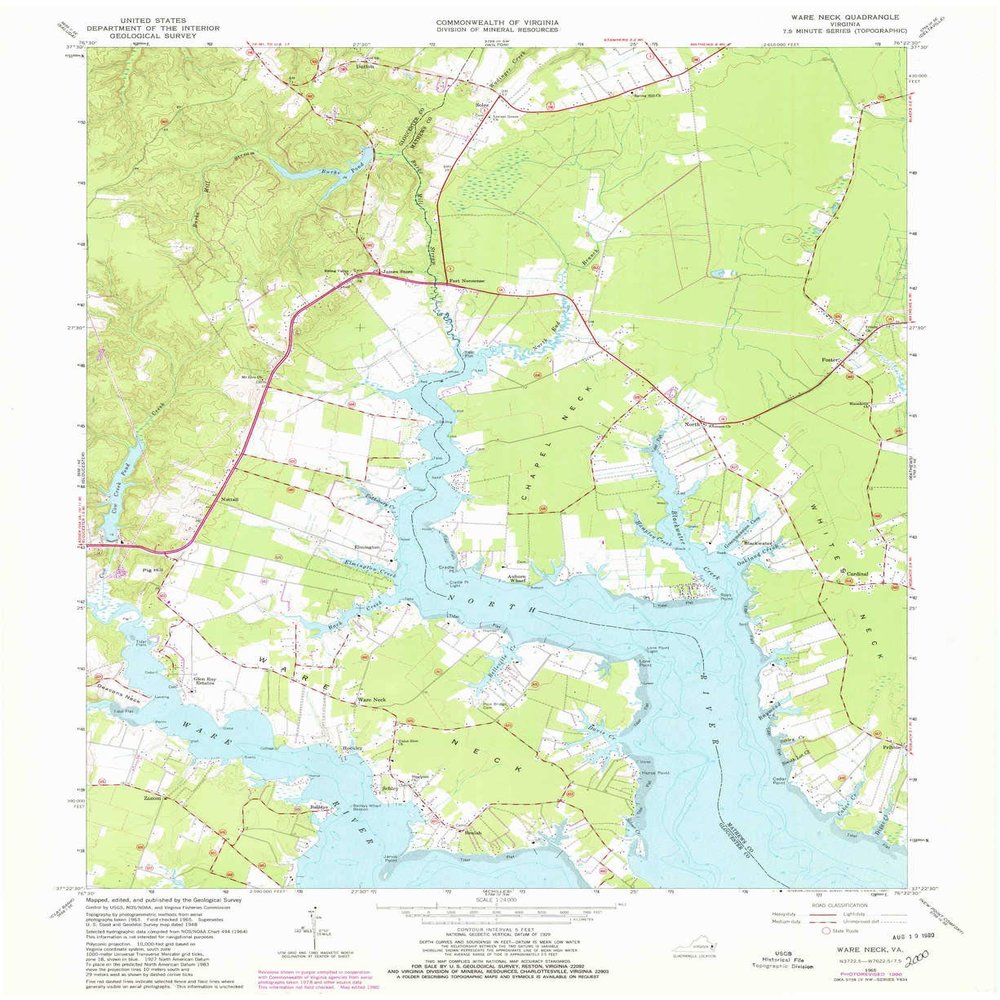 YellowMaps Ware Neck VA topo map, 1:24000 Scale, 7.5 X 7.5 Minute, Historical, 1965, Updated 1980, 27 x 22 in - Polypropylene
