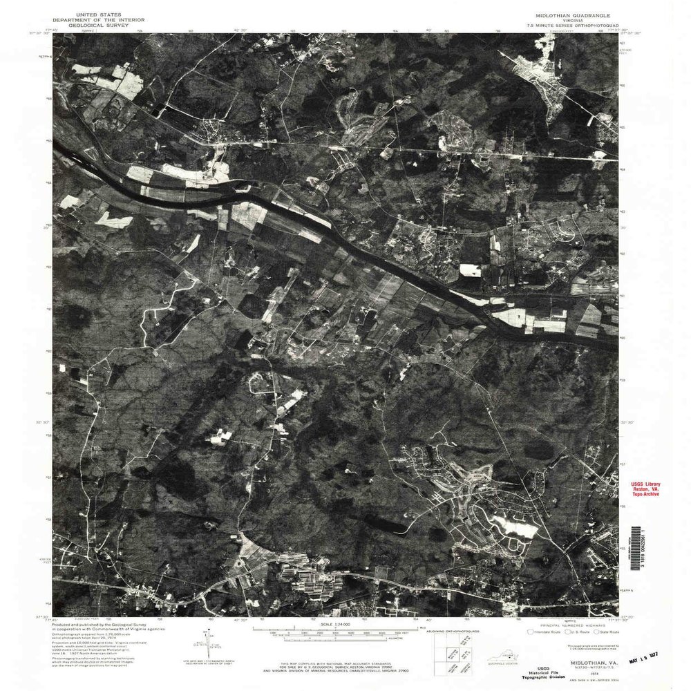 YellowMaps Midlothian VA topo map, 1:24000 Scale, 7.5 X 7.5 Minute, Historical, 1974, Updated 1977, 26.7 x 22 in - Polypropylene