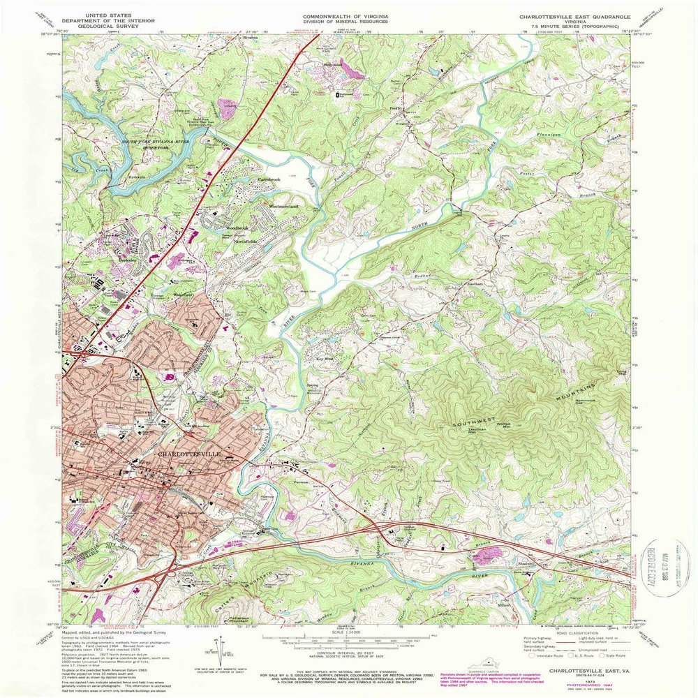 YellowMaps Charlottesville East VA topo map, 1:24000 Scale, 7.5 X 7.5 Minute, Historical, 1973, Updated 1987, 26.8 x 22.1 in - Polypropylene