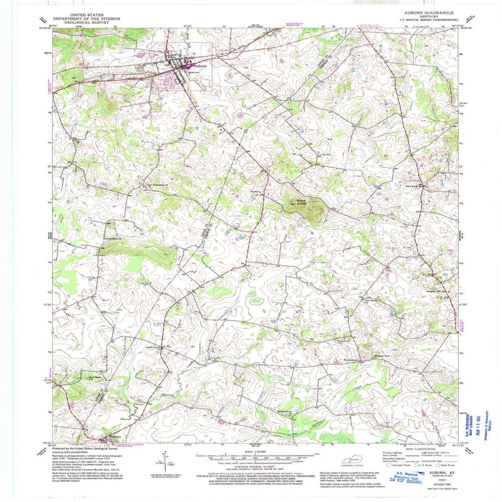 YellowMaps Auburn KY topo map, 1:24000 Scale, 7.5 X 7.5 Minute, Historical, 1951, Updated 1995, 27.3 x 22.5 in - Polypropylene