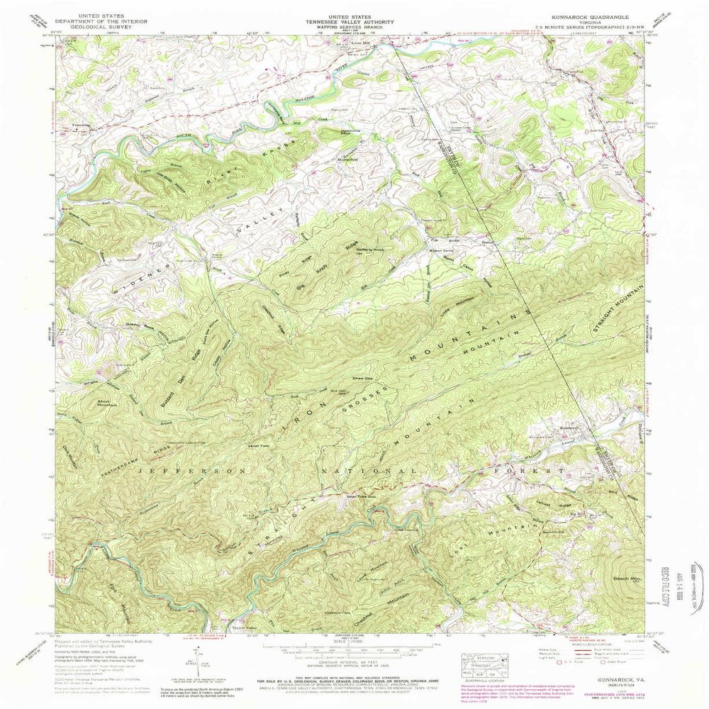 YellowMaps Konnarock VA topo map, 1:24000 Scale, 7.5 X 7.5 Minute, Historical, 1959, Updated 1989, 26.9 x 22 in - Polypropylene