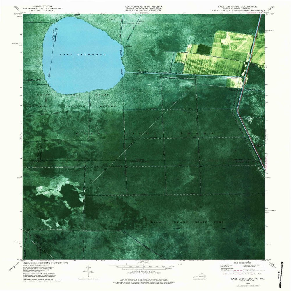 YellowMaps Lake Drummond VA topo map, 1:24000 Scale, 7.5 X 7.5 Minute, Historical, 1977, Updated 1987, 26.9 x 22 in - Polypropylene