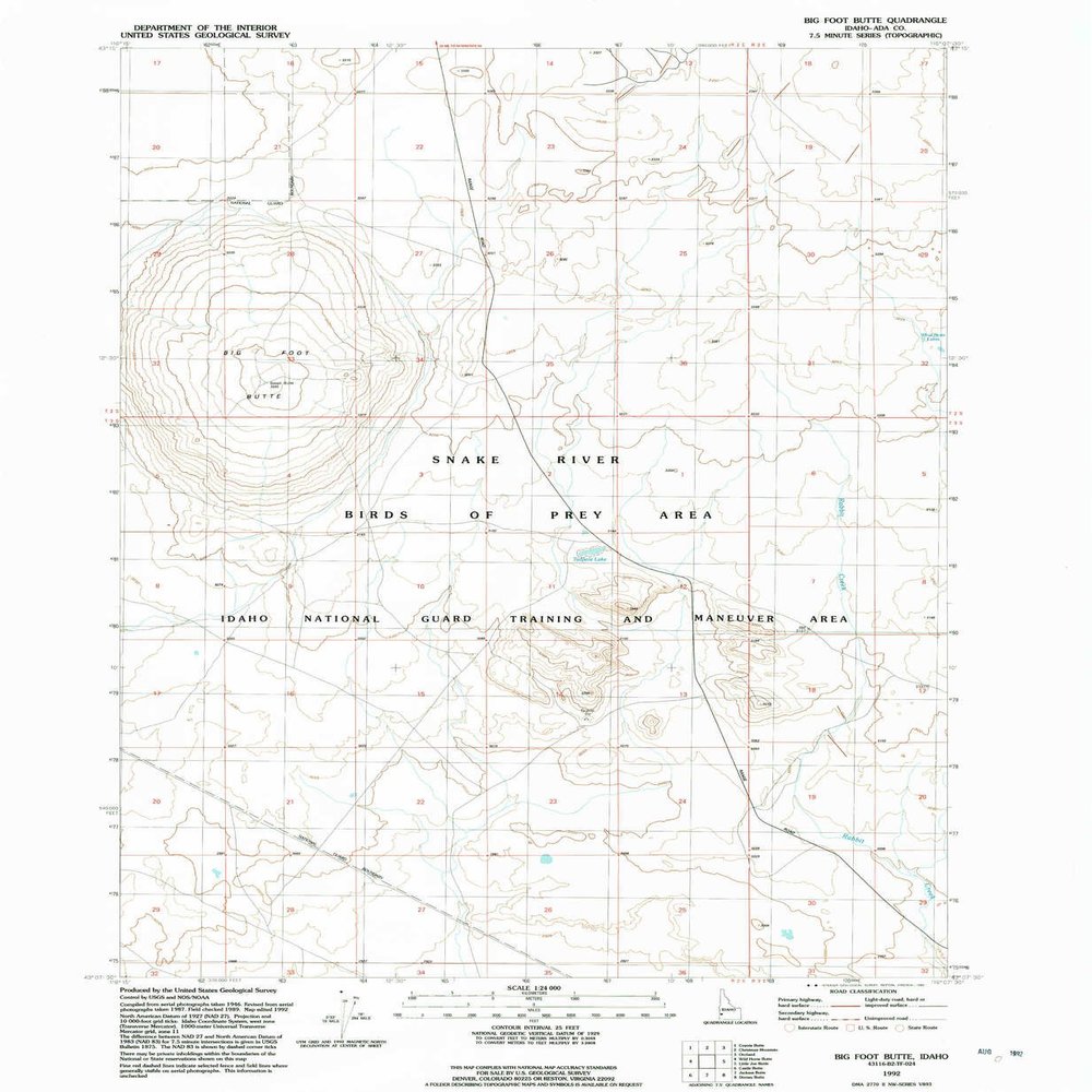 YellowMaps Big Foot Butte ID topo map, 1:24000 Scale, 7.5 X 7.5 Minute, Historical, 1992, Updated 1992, 26.8 x 22 in - Polypropylene