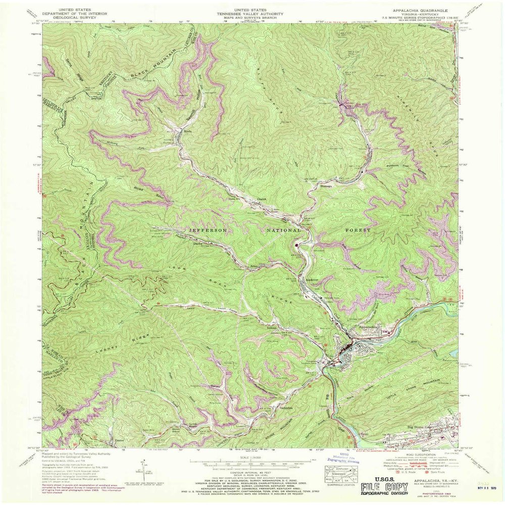YellowMaps Appalachia VA topo map, 1:24000 Scale, 7.5 X 7.5 Minute, Historical, 1955, Updated 1970, 27 x 22.1 in - Tyvek