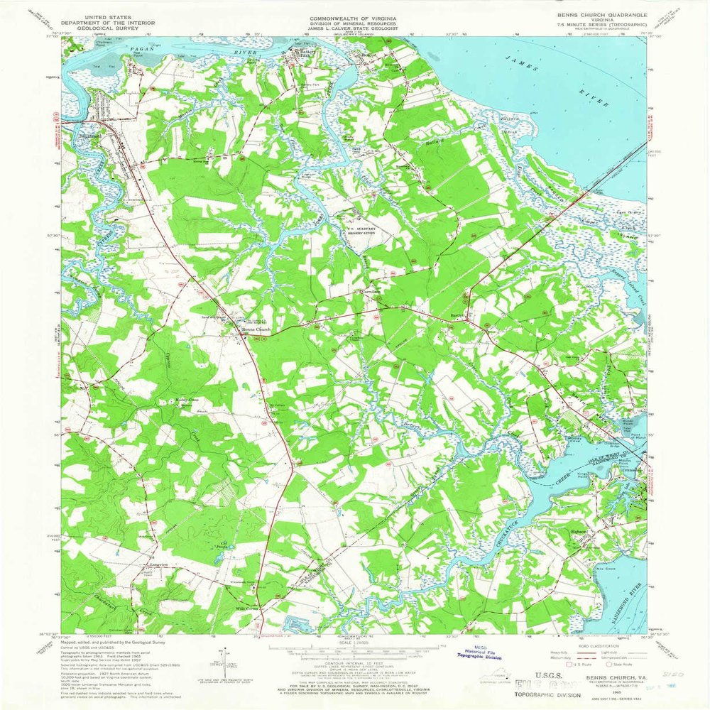 YellowMaps Benns Church VA topo map, 1:24000 Scale, 7.5 X 7.5 Minute, Historical, 1965, Updated 1966, 27 x 22.1 in - Tyvek
