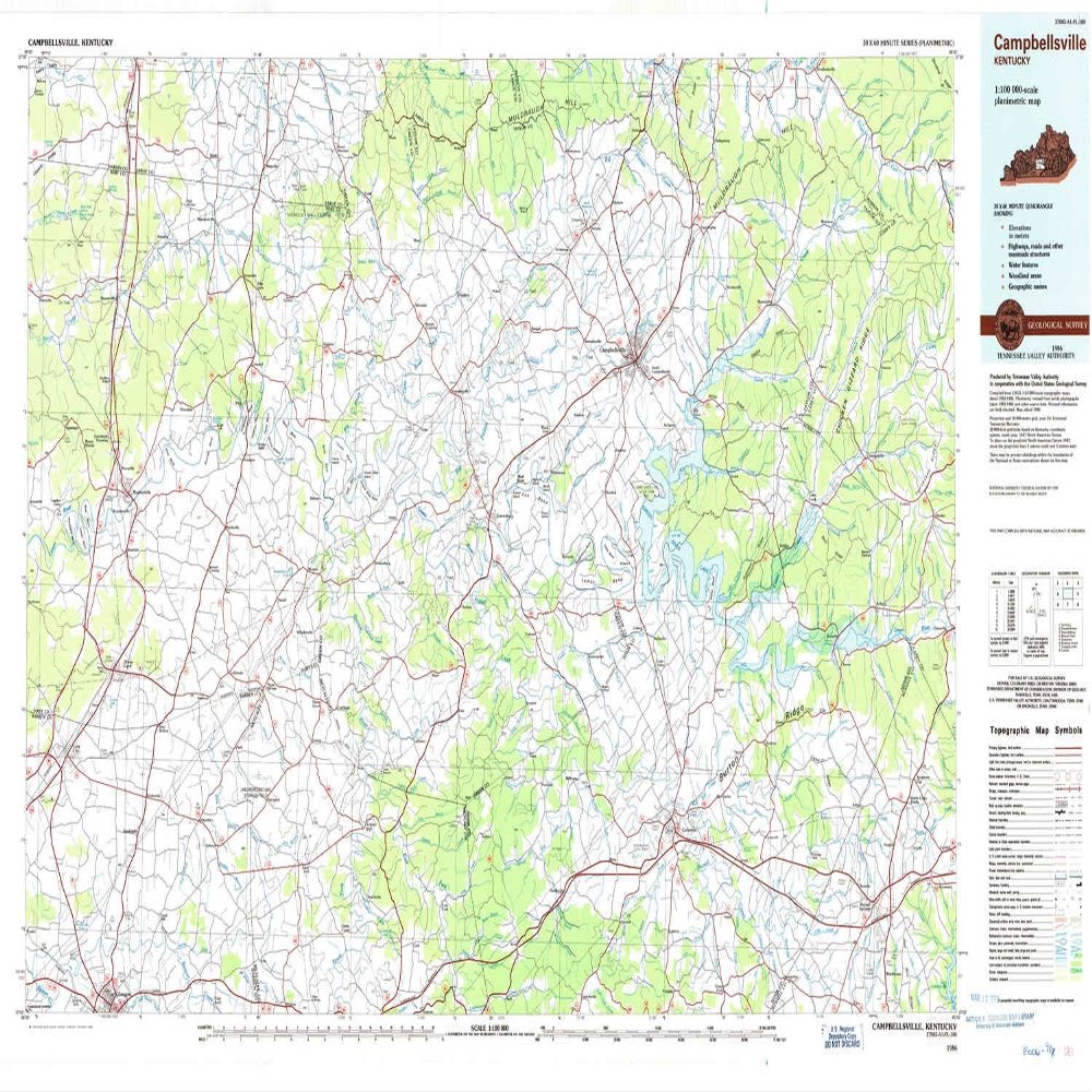 YellowMaps Campbellsville KY topo map, 1:100000 Scale, 30 X 60 Minute, Historical, 1986, Updated 1986, 25 x 41.2 in - Tyvek