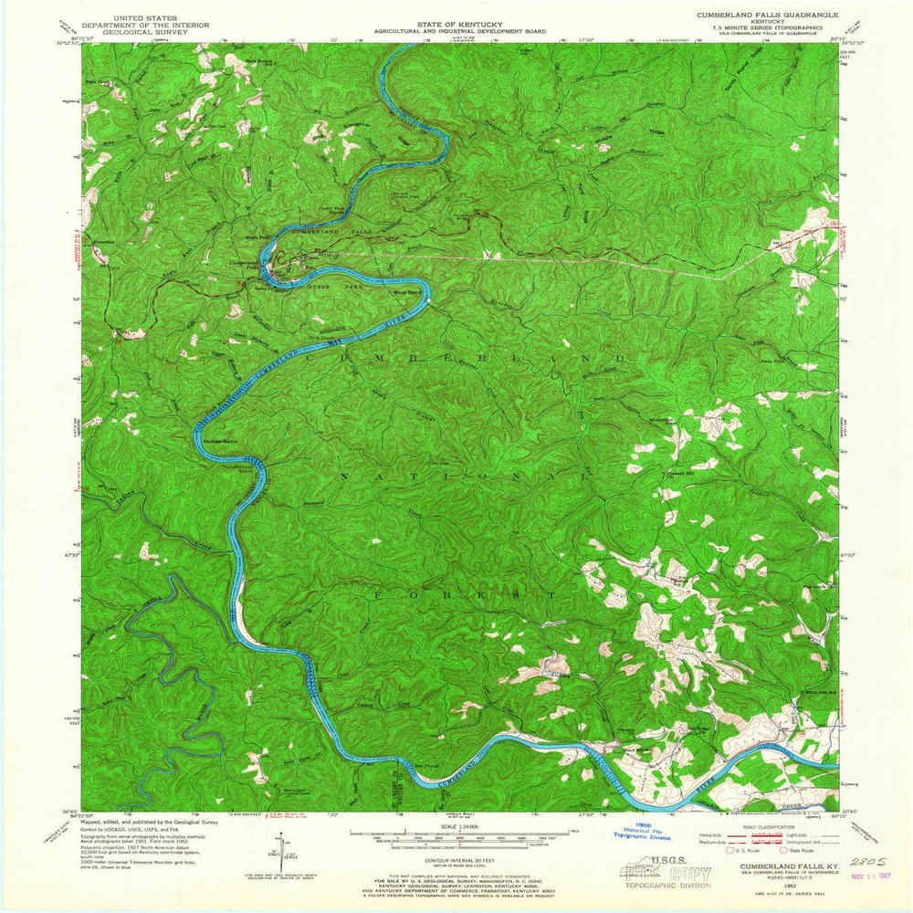 YellowMaps Cumberland Falls KY topo map, 1:24000 Scale, 7.5 X 7.5 Minute, Historical, 1952, Updated 1967, 27 x 22 in - Tyvek