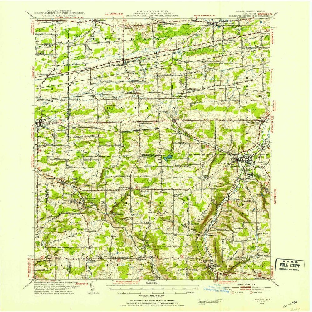 YellowMaps Attica NY topo map, 1:62500 Scale, 15 X 15 Minute, Historical, 1949, Updated 1953, 20.9 x 17 in - Polypropylene