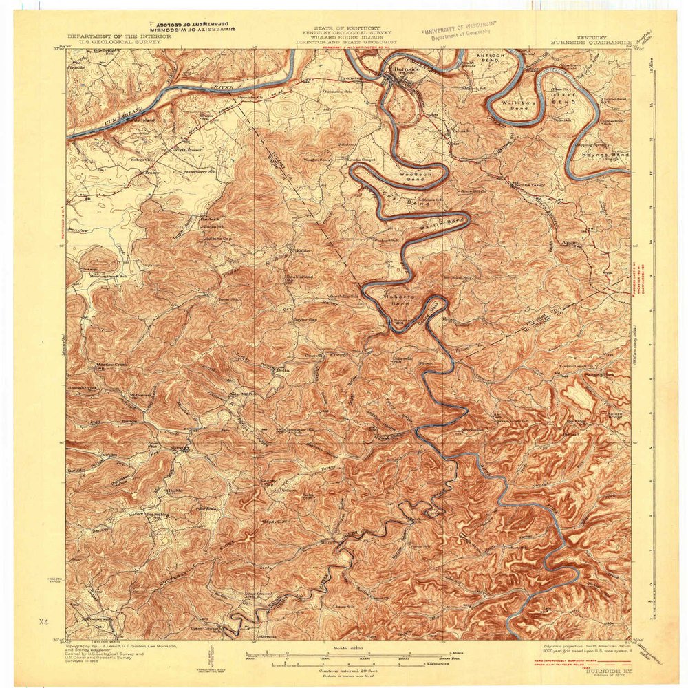 YellowMaps Burnside KY topo map, 1:62500 Scale, 15 X 15 Minute, Historical, 1932, 20.2 x 17 in - Polypropylene