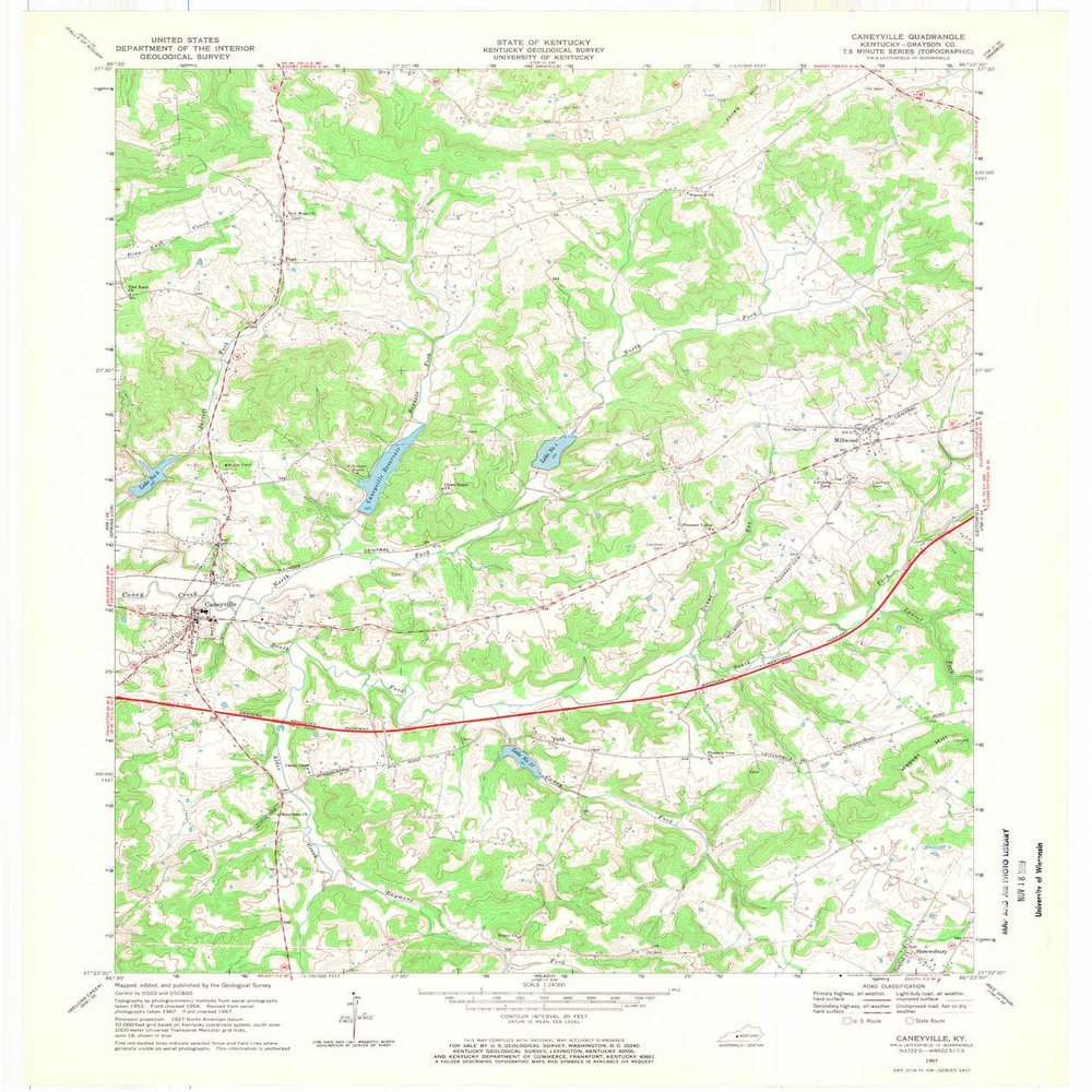 YellowMaps Caneyville KY topo map, 1:24000 Scale, 7.5 X 7.5 Minute, Historical, 1967, Updated 1969, 27.4 x 23 in - Polypropylene