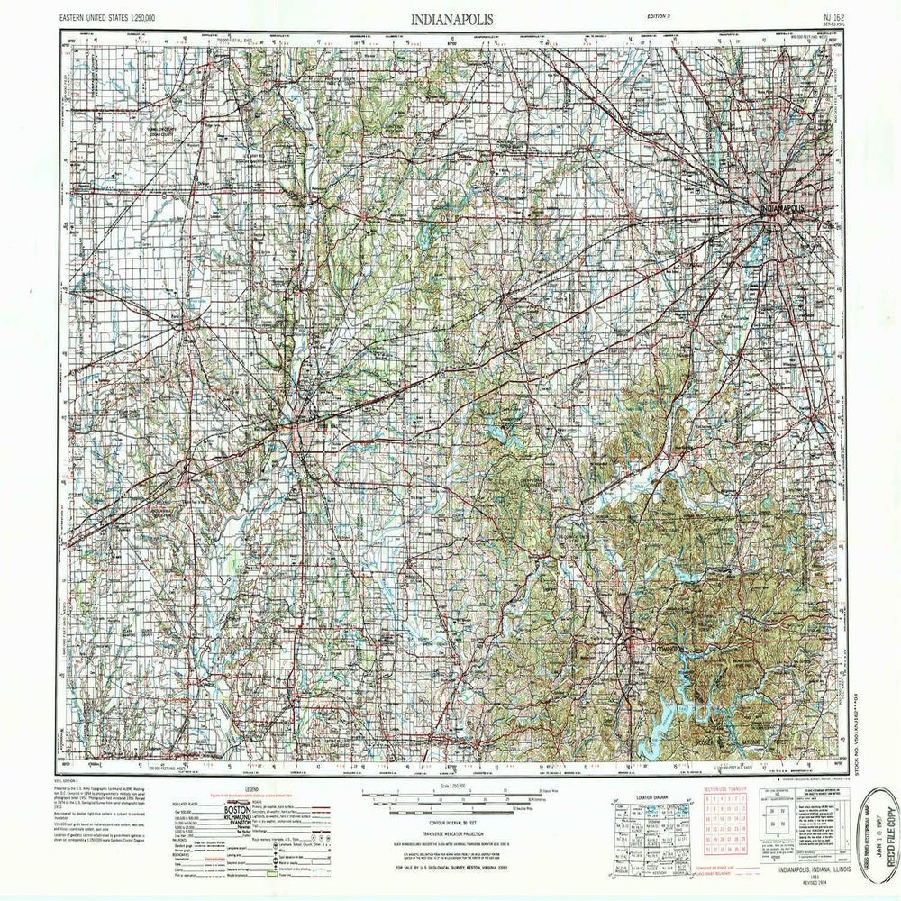 YellowMaps Indianapolis in topo map, 1:250000 Scale, 1 X 2 Degree, Historical, 1953, Updated 1976, 22.1 x 32.1 in - Tyvek
