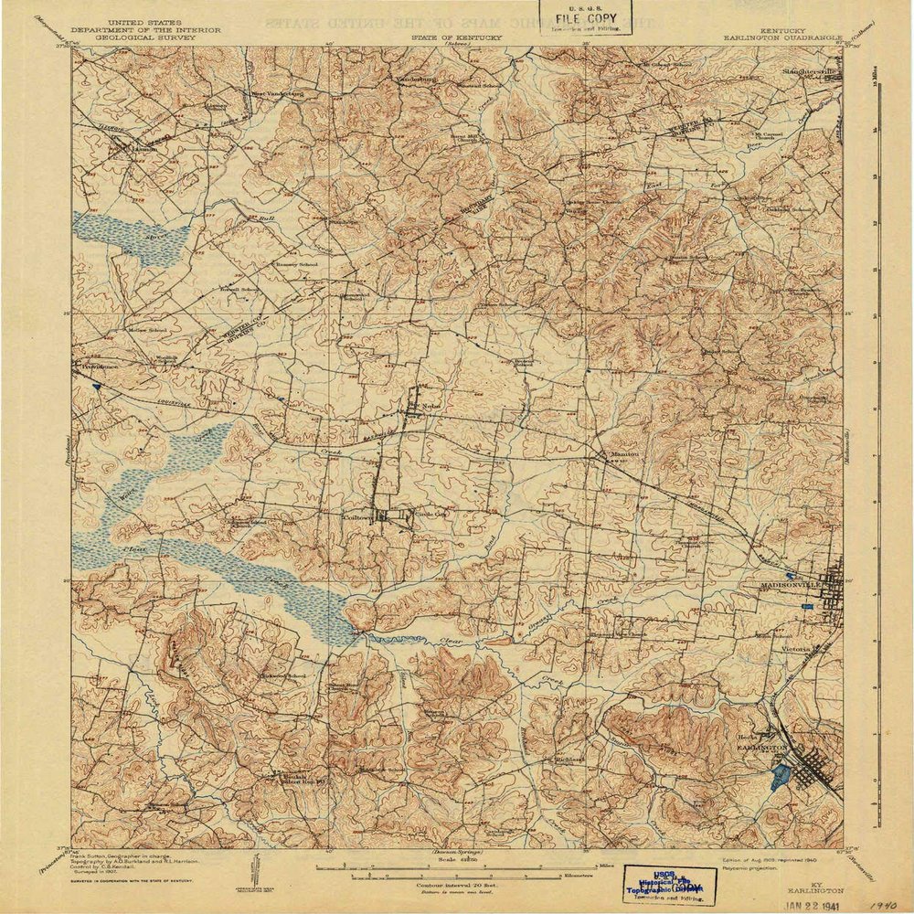 YellowMaps Earlington KY topo map, 1:62500 Scale, 15 X 15 Minute, Historical, 1909, Updated 1940, 20.1 x 16.7 in - Polypropylene