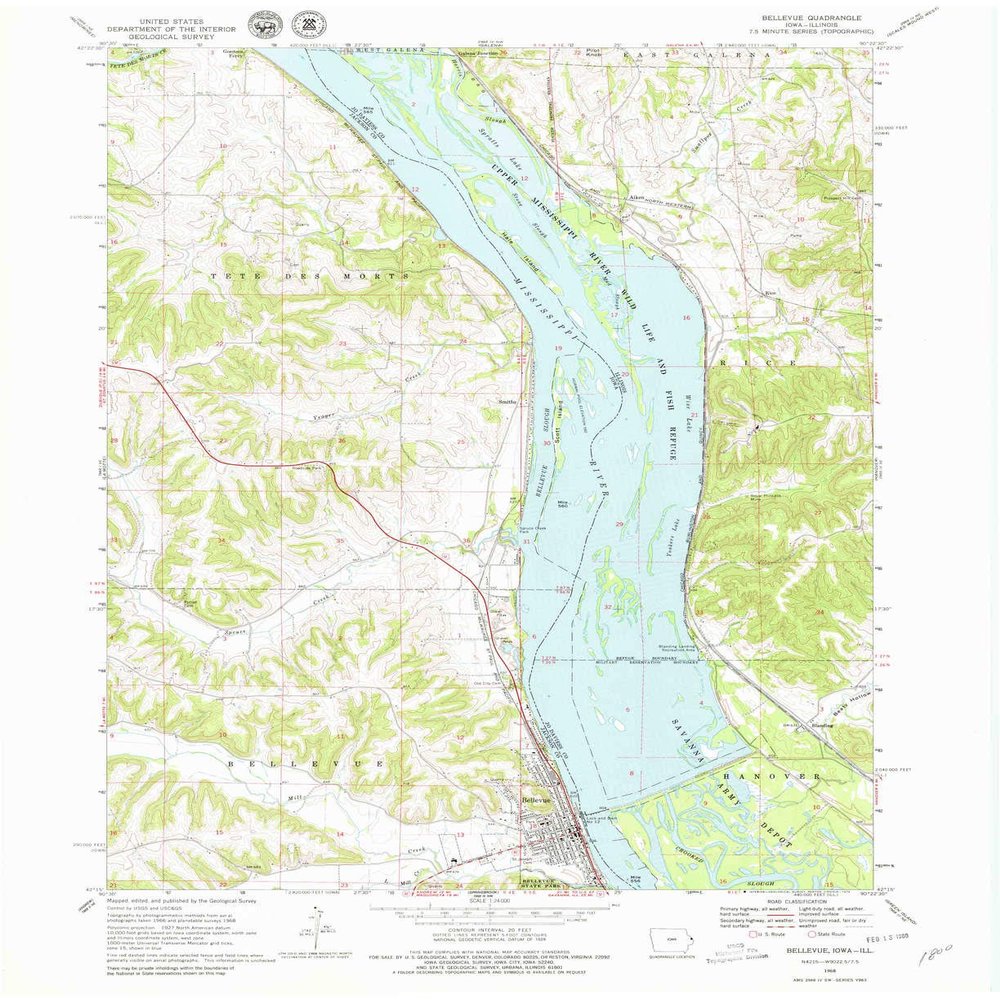 Bellevue IA topo map, 1:24000 Scale, 7.5 X 7.5 Minute, Historical, 1968, Updated 1979, 27 x 22 in - Tyvek
