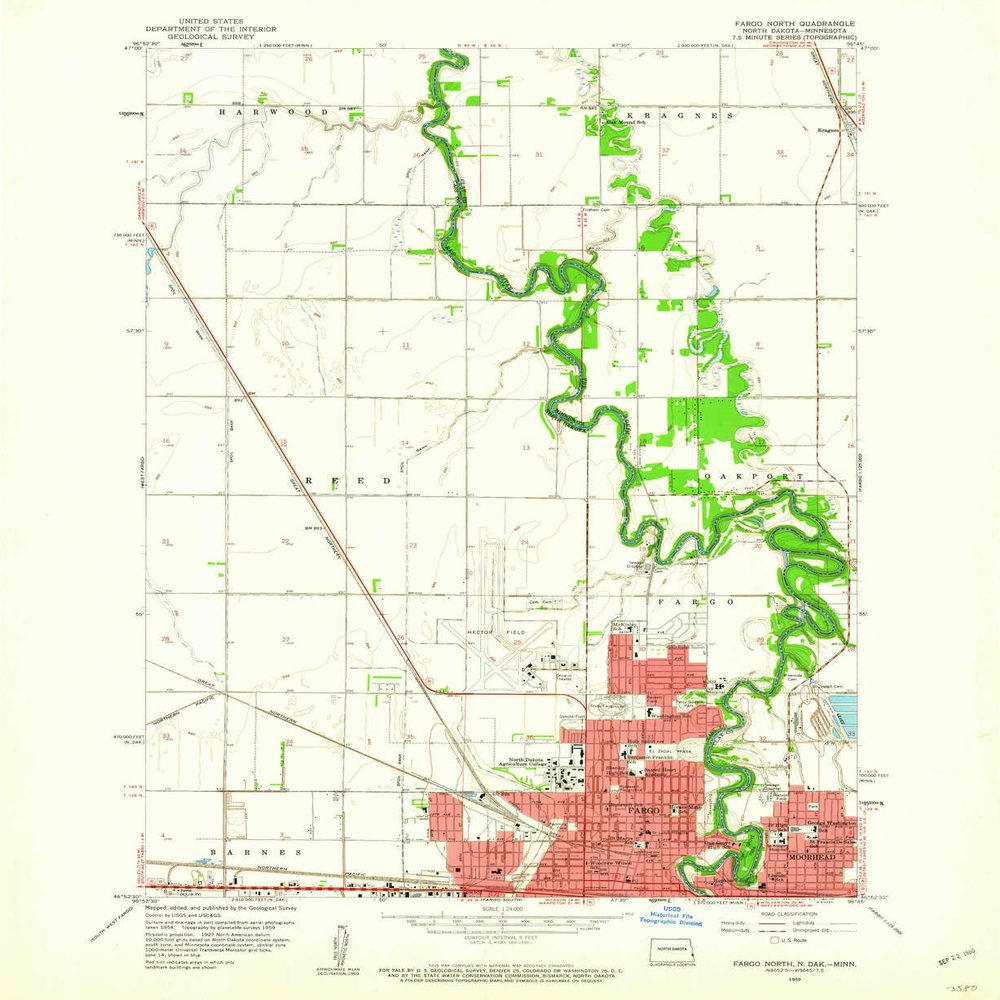 YellowMaps Fargo North ND topo map, 1:24000 Scale, 7.5 X 7.5 Minute, Historical, 1959, Updated 1960, 26.9 x 22 in - Polypropylene