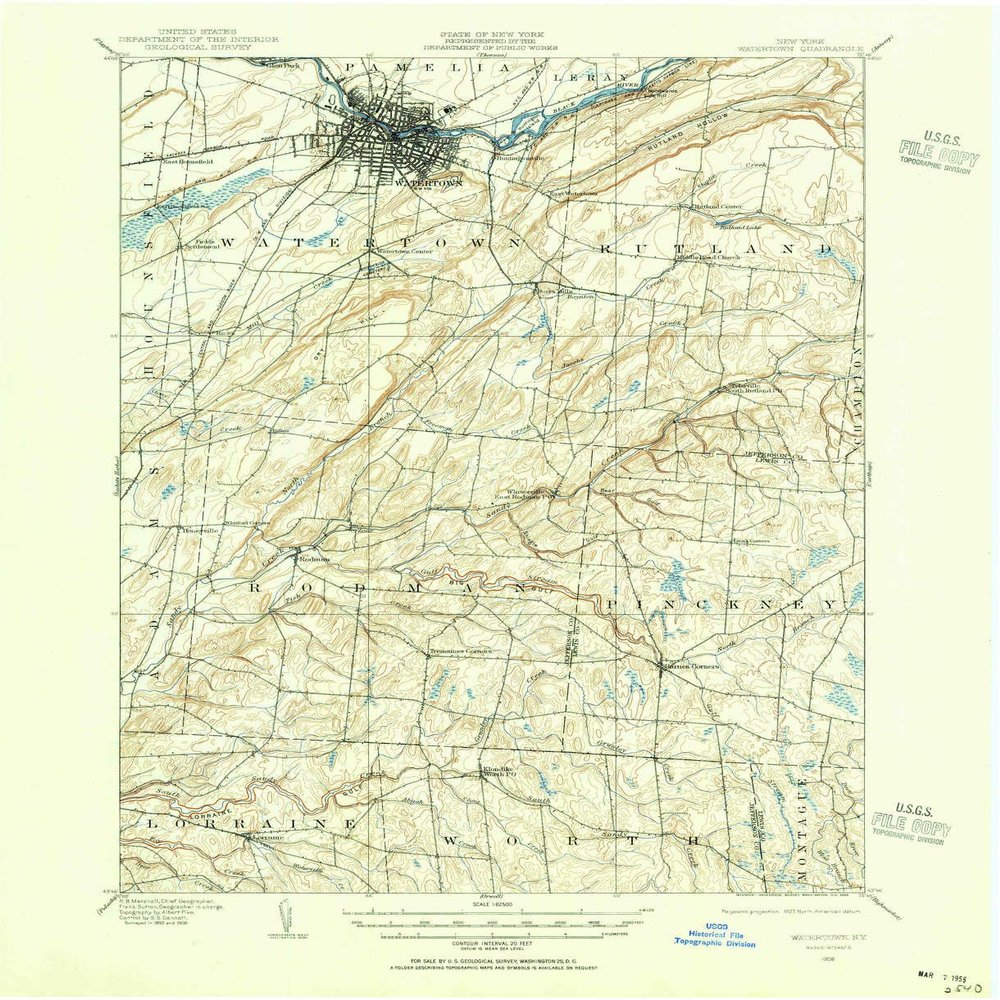 YellowMaps Watertown NY topo map, 1:62500 Scale, 15 X 15 Minute, Historical, 1908, Updated 1955, 20.9 x 17 in - Tyvek
