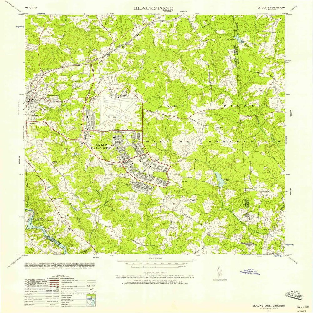 YellowMaps Blackstone VA topo map, 1:24000 Scale, 7.5 X 7.5 Minute, Historical, 1951, Updated 1958, 29.7 x 22 in - Tyvek