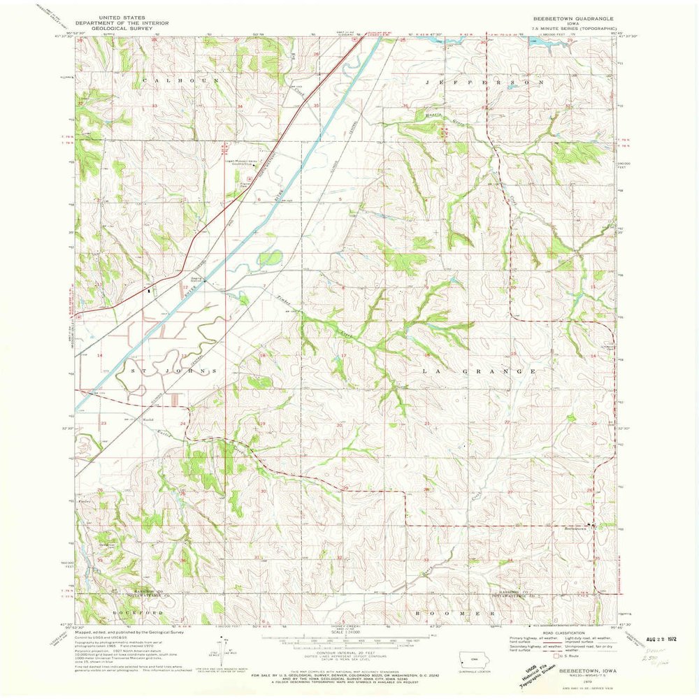 YellowMaps Beebeetown IA topo map, 1:24000 Scale, 7.5 X 7.5 Minute, Historical, 1970, Updated 1972, 27 x 22 in - Polypropylene