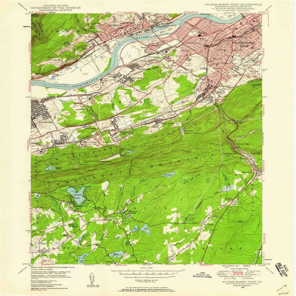 YellowMaps Wilkes Barre West PA topo map, 1:24000 Scale, 7.5 X 7.5 Minute, Historical, 1947, Updated 1958, 26.8 x 22 in - Polypropylene