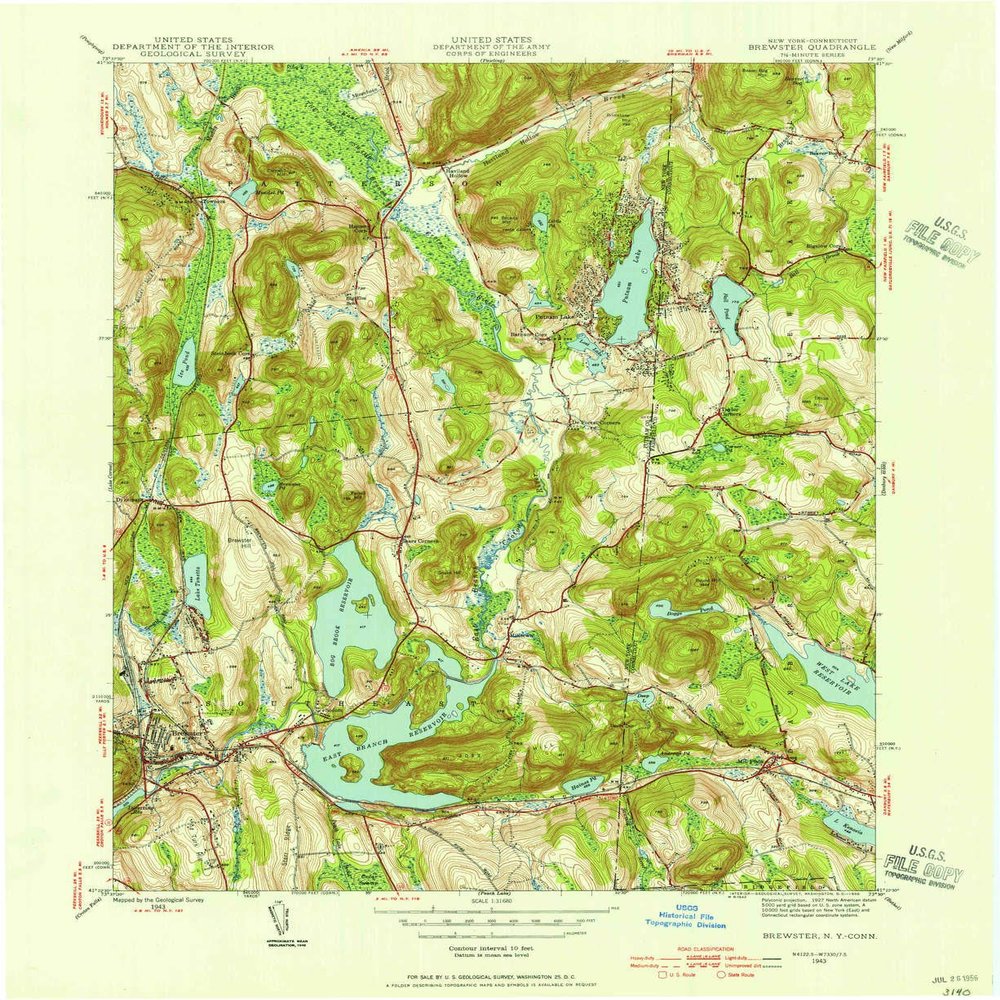 YellowMaps Brewster NY topo map, 1:31680 Scale, 7.5 X 7.5 Minute, Historical, 1943, Updated 1956, 20.7 x 16.9 in - Tyvek