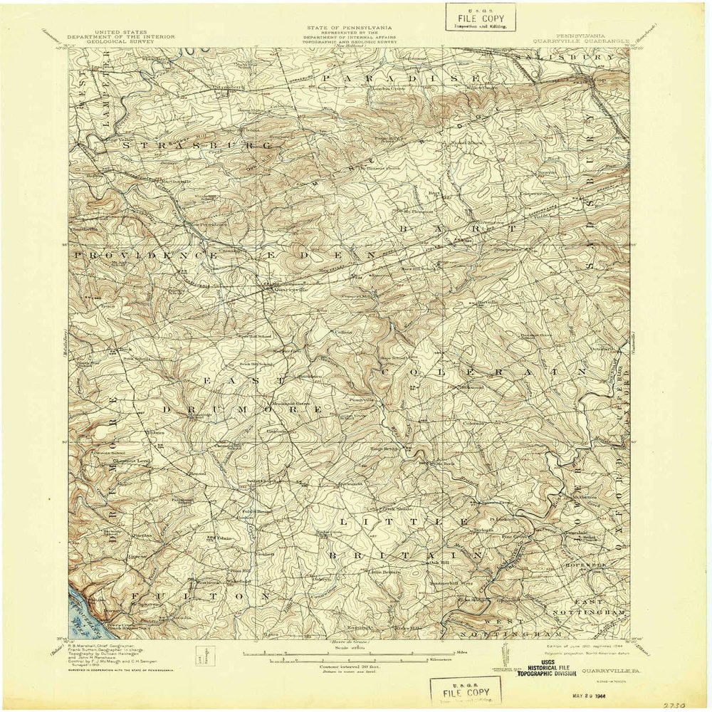 YellowMaps Quarryville PA topo map, 1:62500 Scale, 15 X 15 Minute, Historical, 1912, Updated 1944, 21 x 17.1 in - Polypropylene