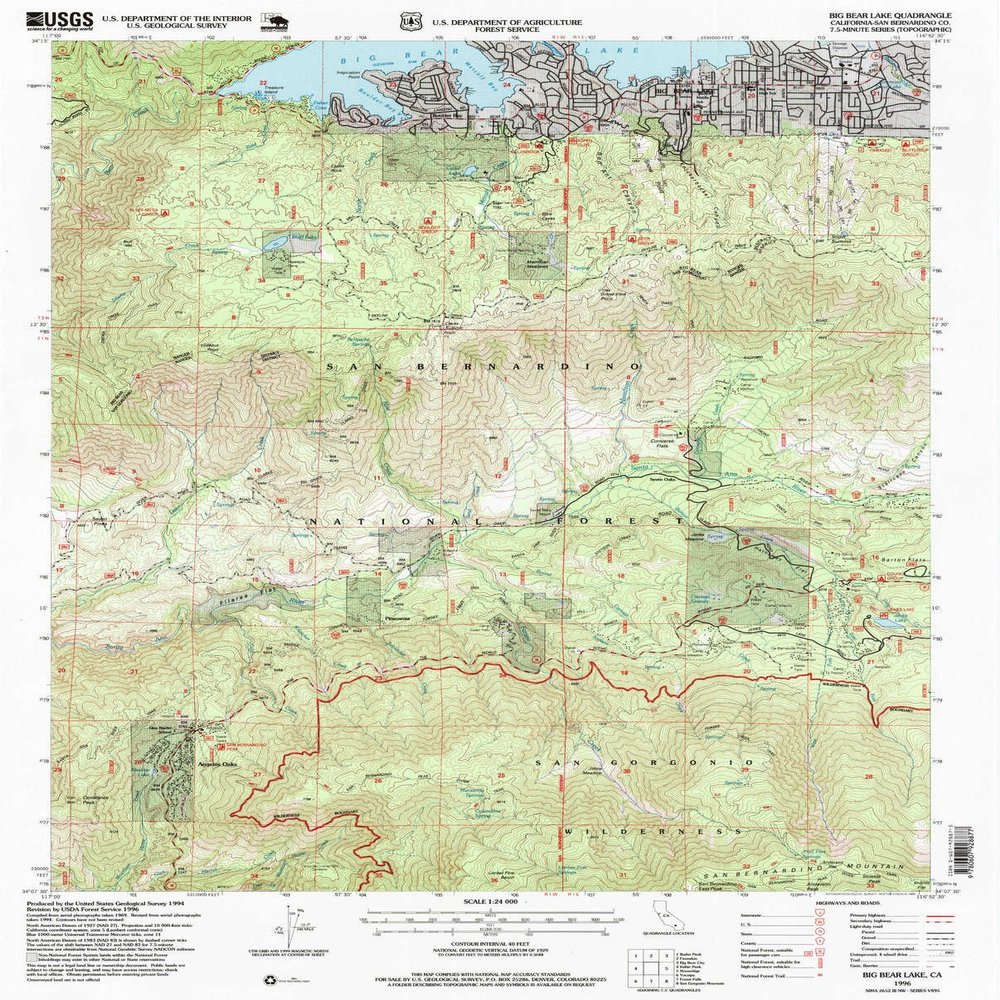 YellowMaps Big Bear Lake CA topo map, 1:24000 Scale, 7.5 X 7.5 Minute, Historical, 1996, Updated 1999, 26.7 x 21.5 in - Polypropylene
