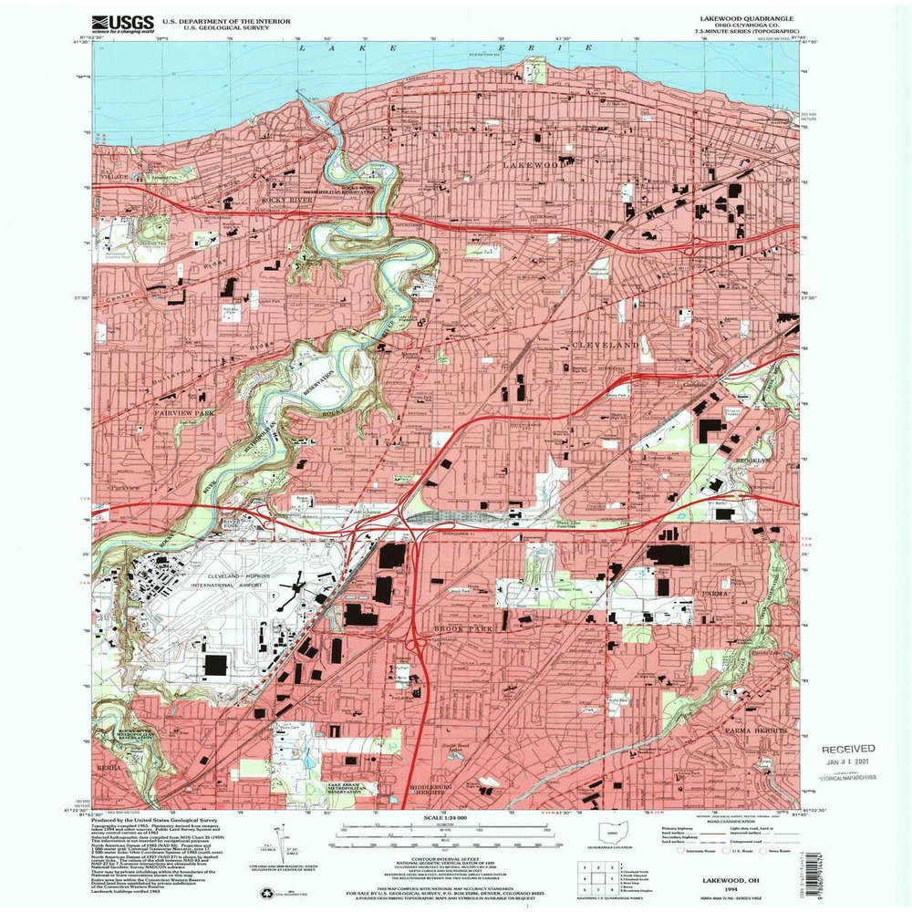 YellowMaps Lakewood OH topo map, 1:24000 Scale, 7.5 X 7.5 Minute, Historical, 1994, Updated 2000, 27 x 22.1 in - Polypropylene