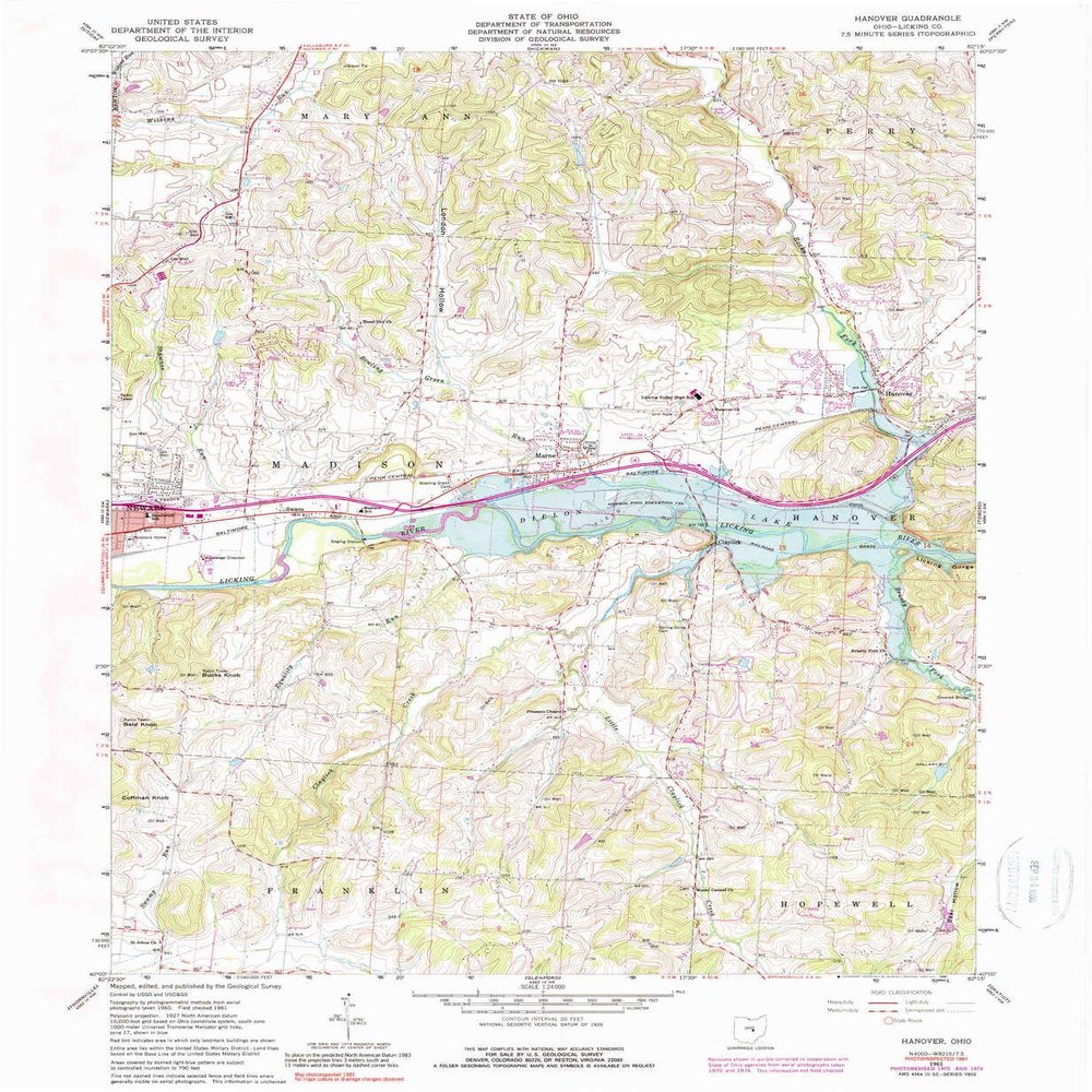 YellowMaps Hanover OH topo map, 1:24000 Scale, 7.5 X 7.5 Minute, Historical, 1961, Updated 1990, 26.8 x 22.1 in - Tyvek