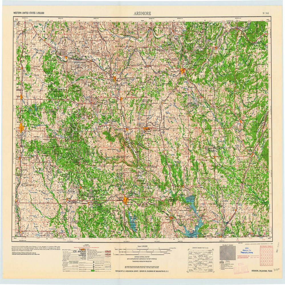 YellowMaps Ardmore OK topo map, 1:250000 Scale, 1 X 2 Degree, Historical, 1963, Updated 1963, 23.1 x 32.6 in - Polypropylene