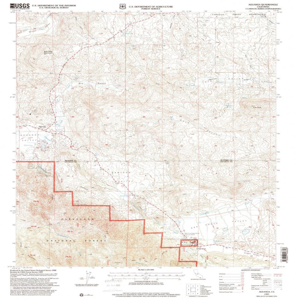YellowMaps Aguanga CA topo map, 1:24000 Scale, 7.5 X 7.5 Minute, Historical, 1997, Updated 2000, 26.8 x 22 in - Polypropylene