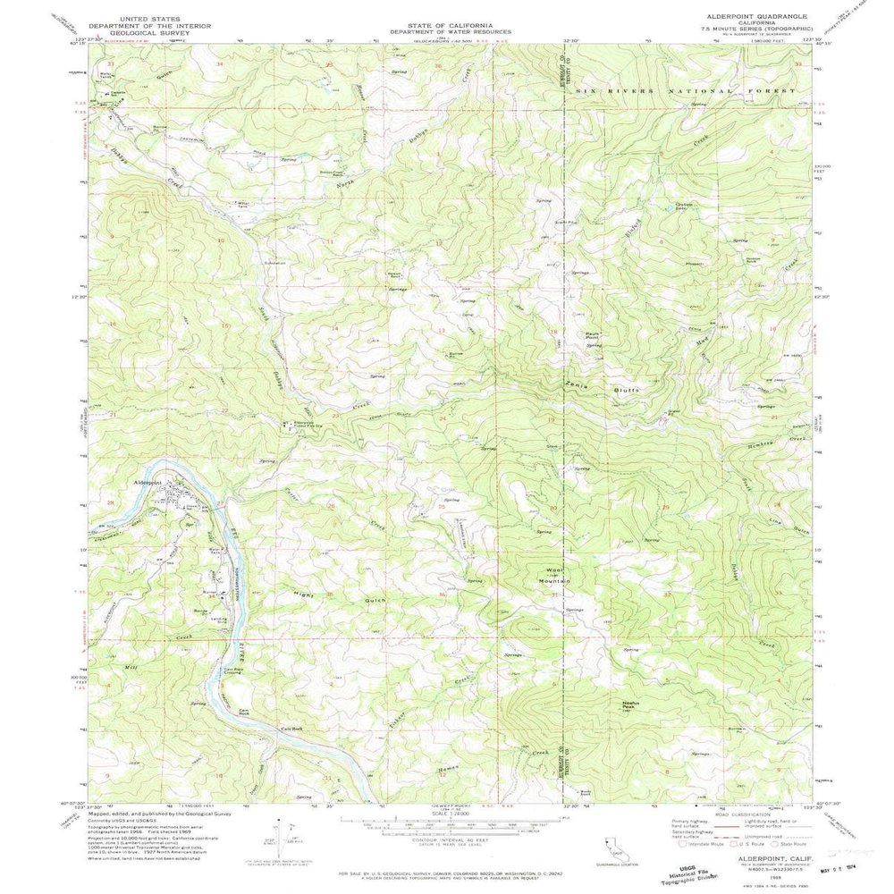 YellowMaps Alderpoint CA topo map, 1:24000 Scale, 7.5 X 7.5 Minute, Historical, 1969, Updated 1974, 26.6 x 21.4 in - Polypropylene