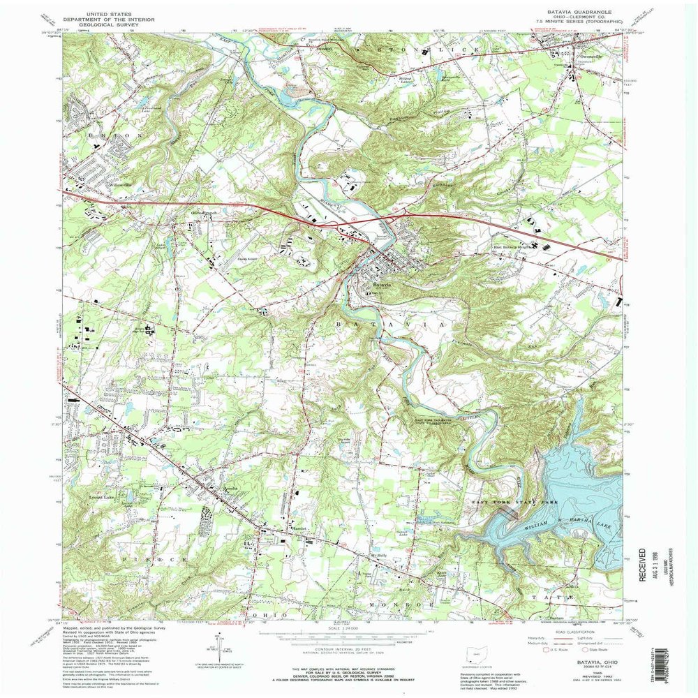 YellowMaps Batavia OH topo map, 1:24000 Scale, 7.5 X 7.5 Minute, Historical, 1965, Updated 1992, 27 x 22.1 in - Tyvek
